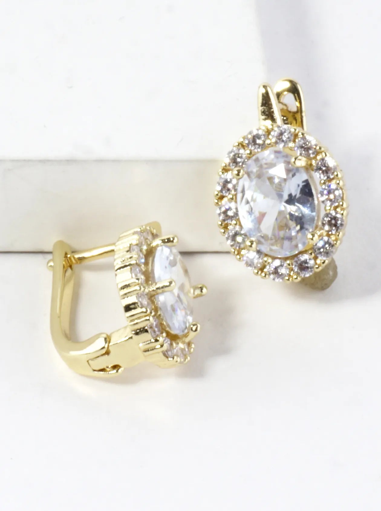 Oval CZ Halo Brass Huggie Hoop Earrings