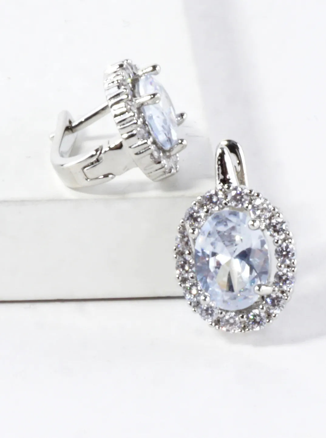 Oval CZ Halo Brass Huggie Hoop Earrings