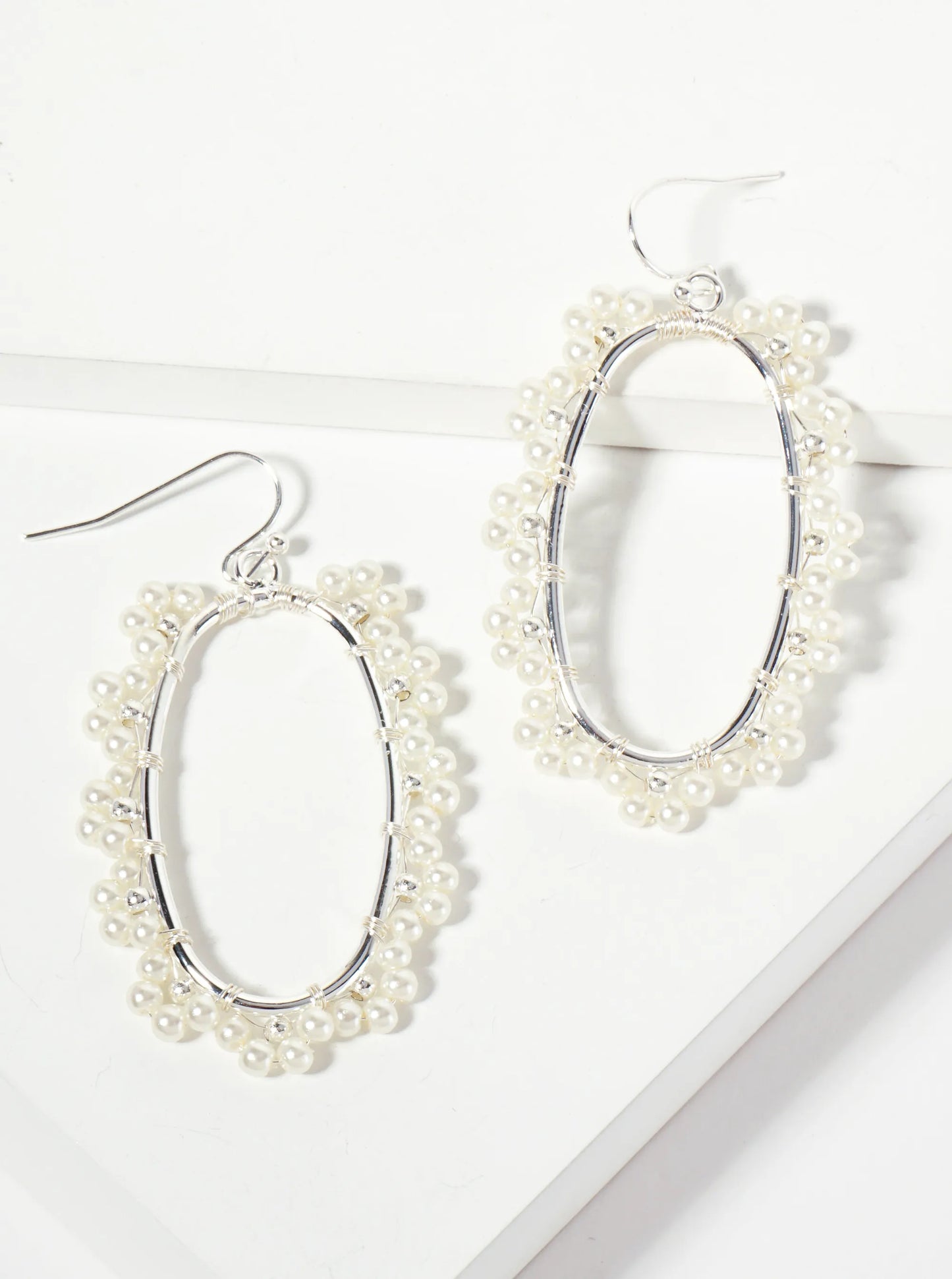 Oval Earrings With Wired-wrapped Flower-shaped Pearl Accents