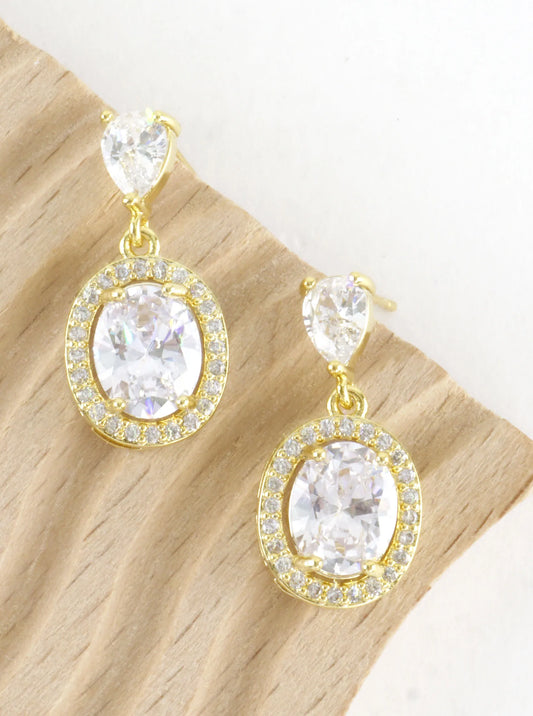 Oval Halo Cubic Zirconia Pave Dangle Drop Earrings