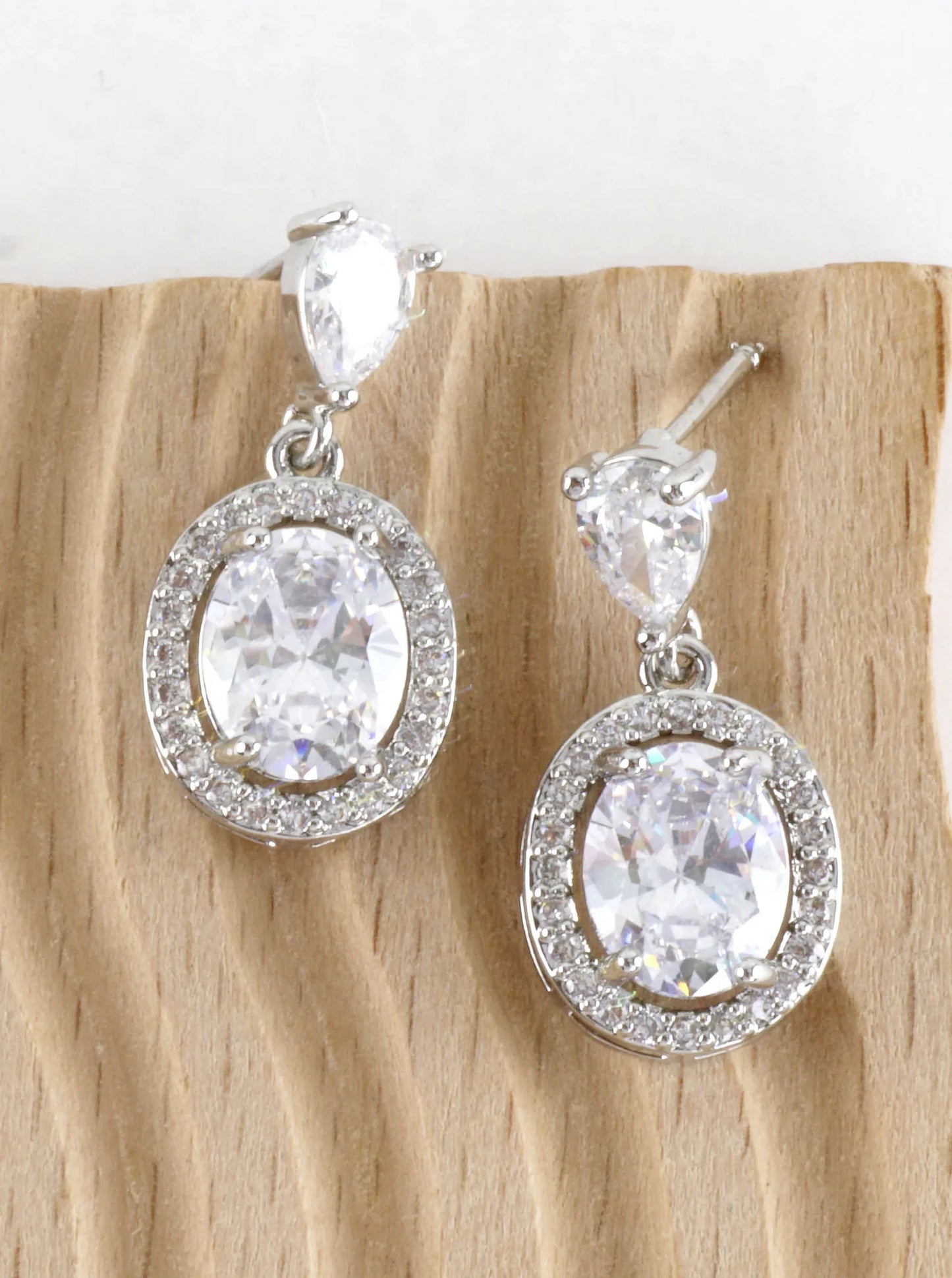 Oval Halo Cubic Zirconia Pave Dangle Drop Earrings