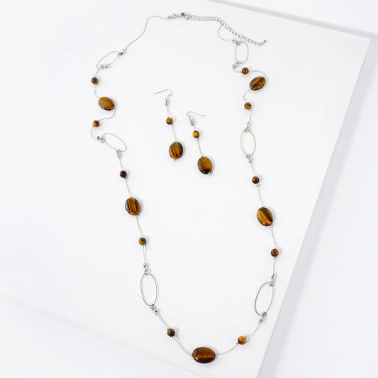 Oval-Shaped Tigers-Eye 38-Inch Long Station Necklace Set-with-Earrings