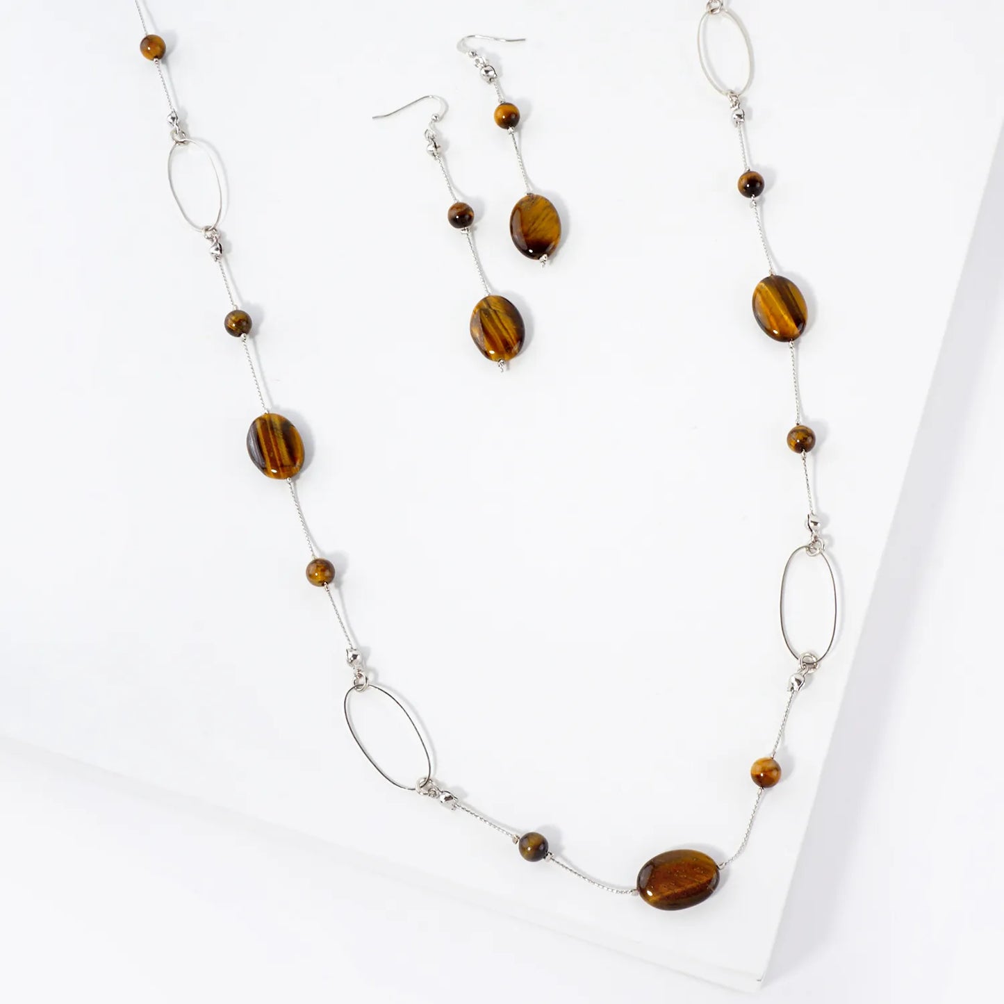 Oval-Shaped Tigers-Eye 38-Inch Long Station Necklace Set-with-Earrings