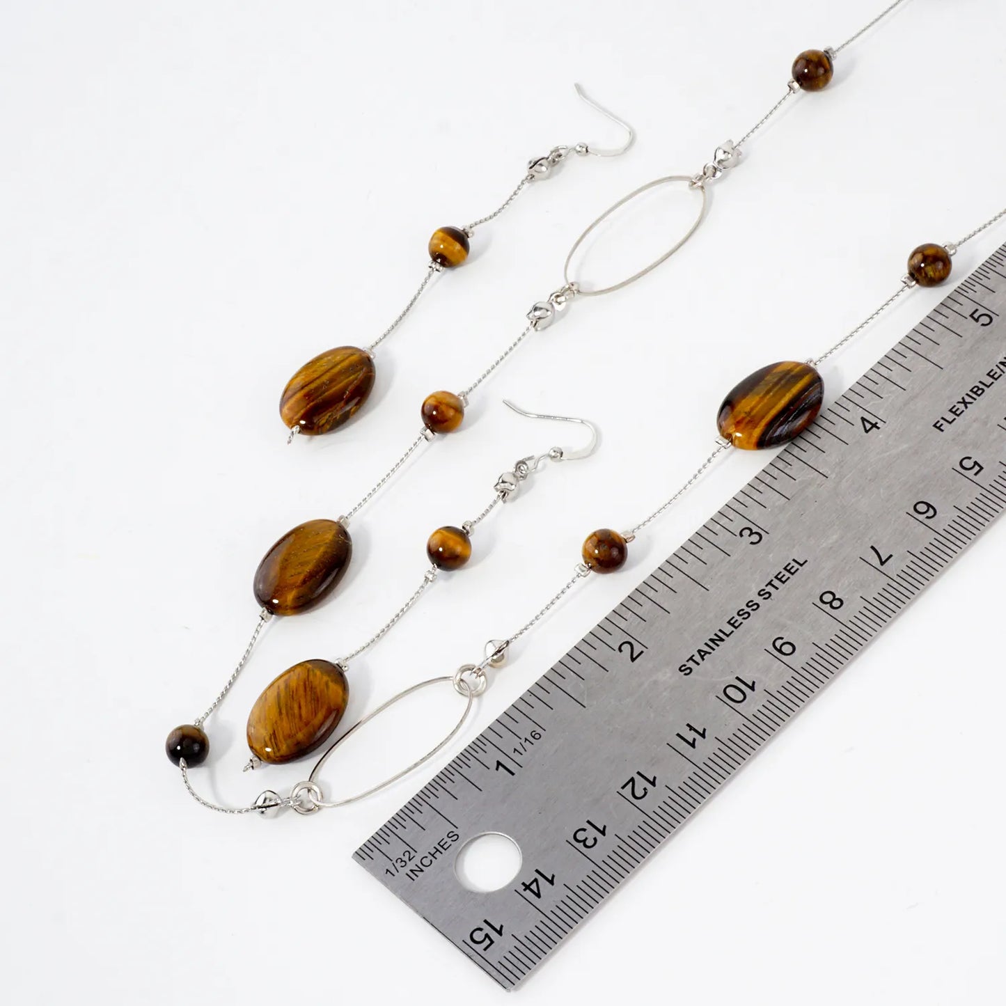 Oval-Shaped Tigers-Eye 38-Inch Long Station Necklace Set-with-Earrings