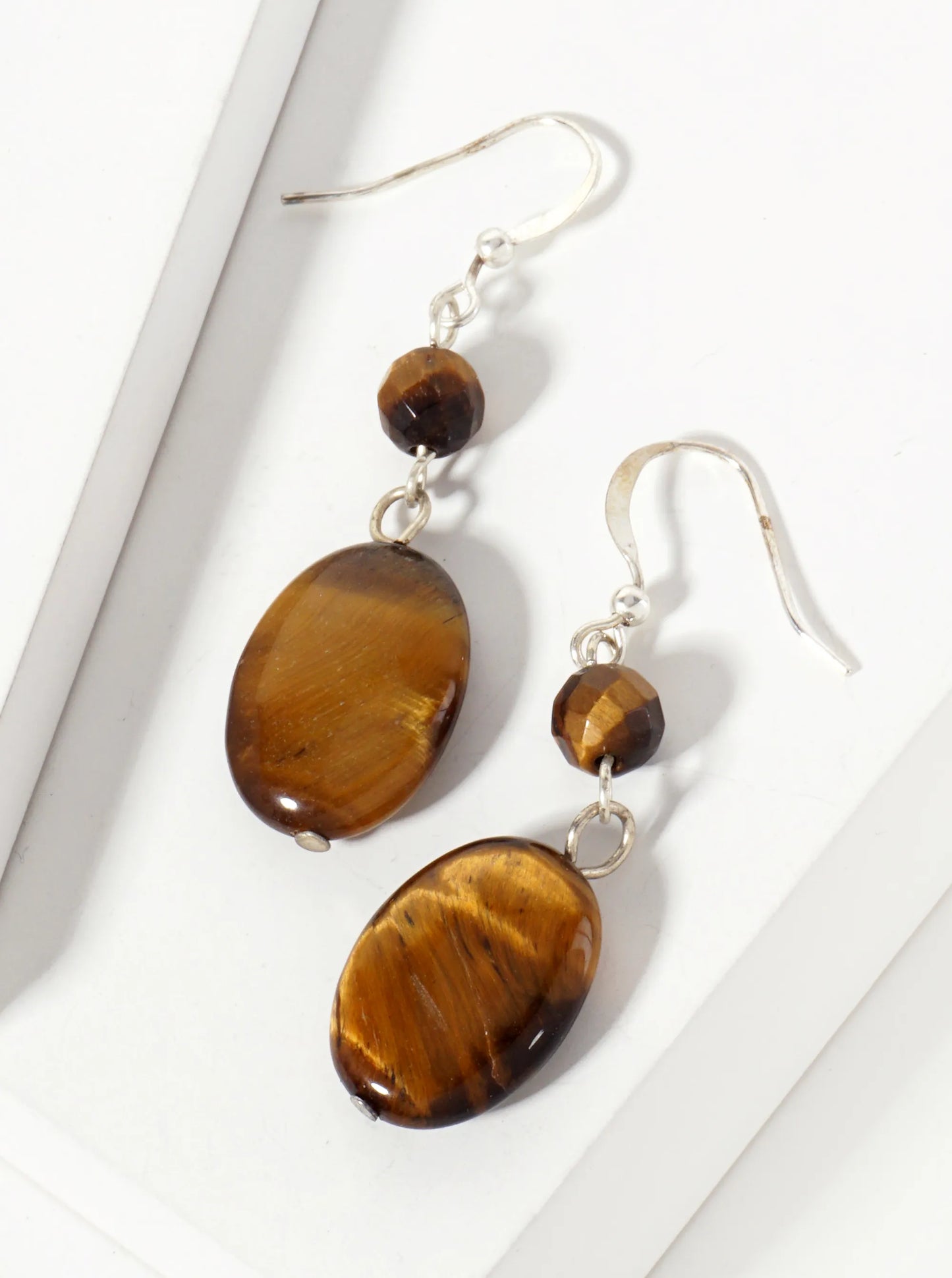 Oval-Shaped Tigers-Eye Semi-Precious Natural-Stone Drop Earrings