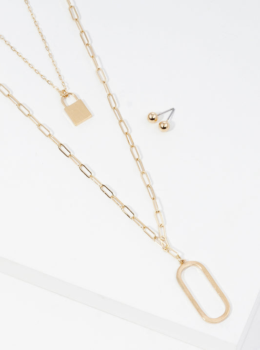Oval And Padlock Pendant Layered Necklace Set With Earrings