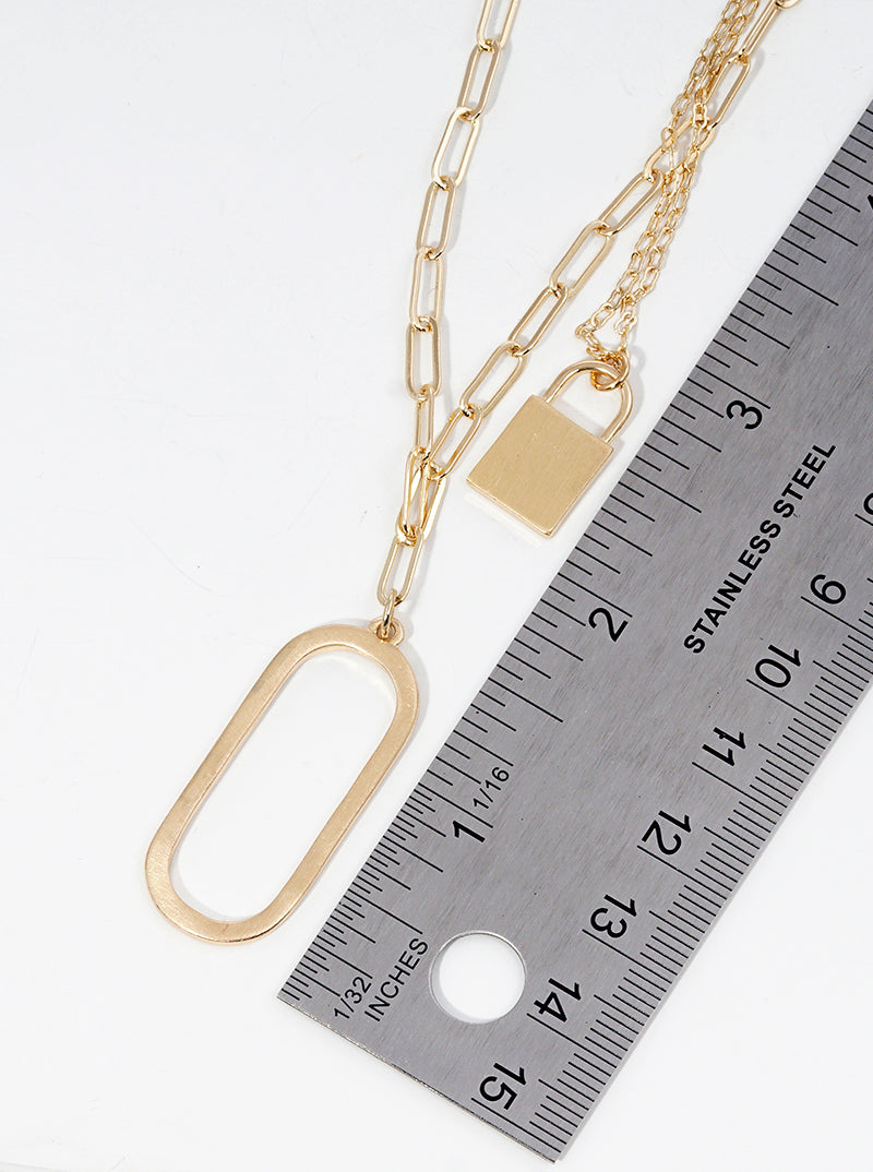 Oval And Padlock Pendant Layered Necklace Set With Earrings