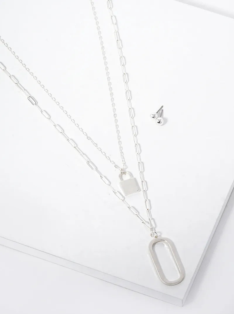 Oval And Padlock Pendant Layered Necklace Set With Earrings