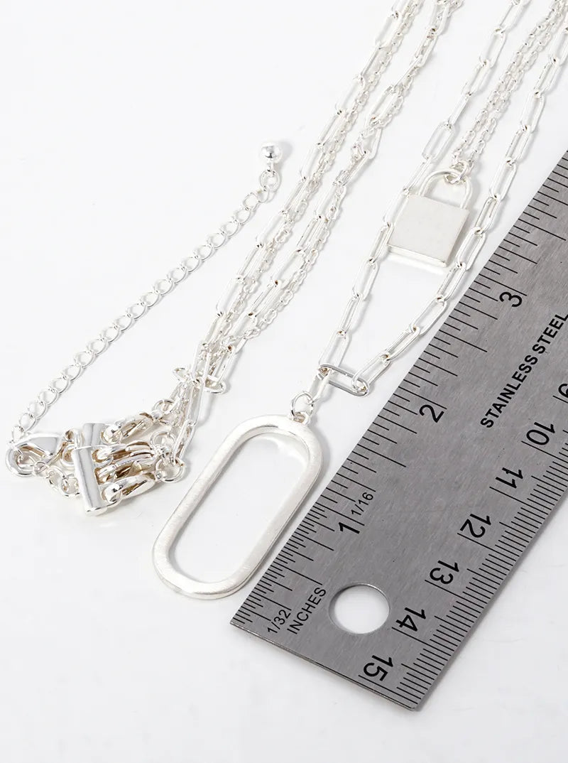 Oval And Padlock Pendant Layered Necklace Set With Earrings