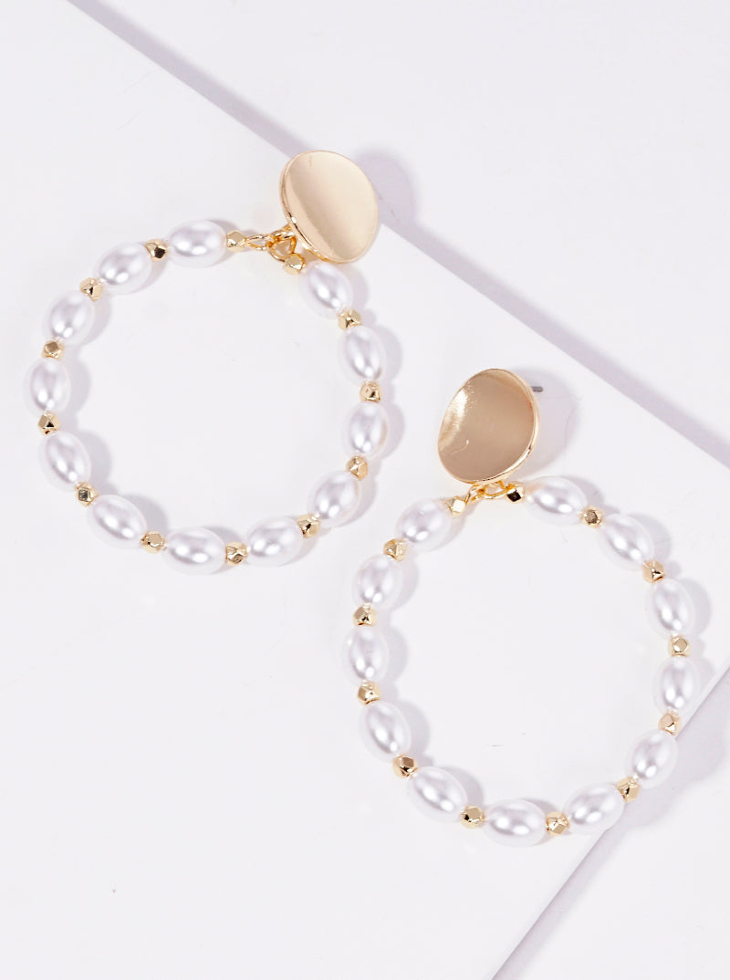 Oval Shaped Pearl Beaded Round Post Dangle Earrings