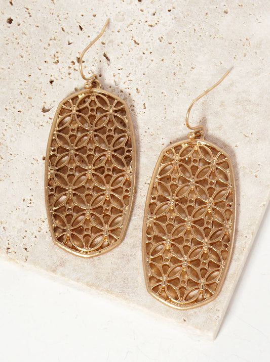 Overlapping-Circles Filigree Hexagon-Shaped Dangle Earrings