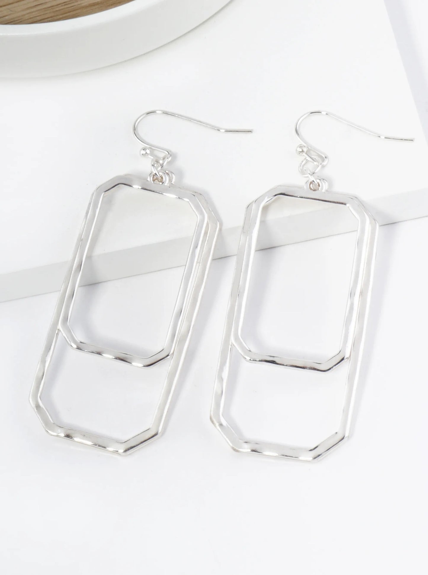Overlapping Hammered Metal Long Octagon Dangle Drop Earrings