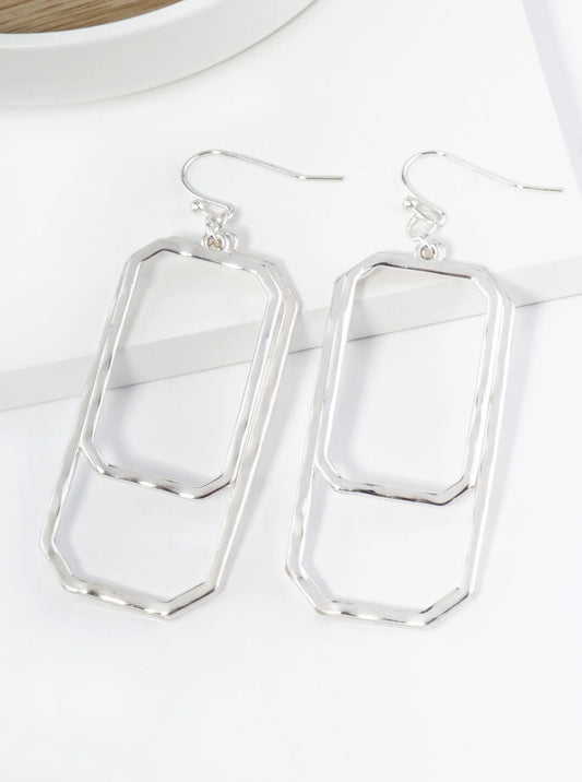 Overlapping Hammered Metal Long Octagon Dangle Drop Earrings