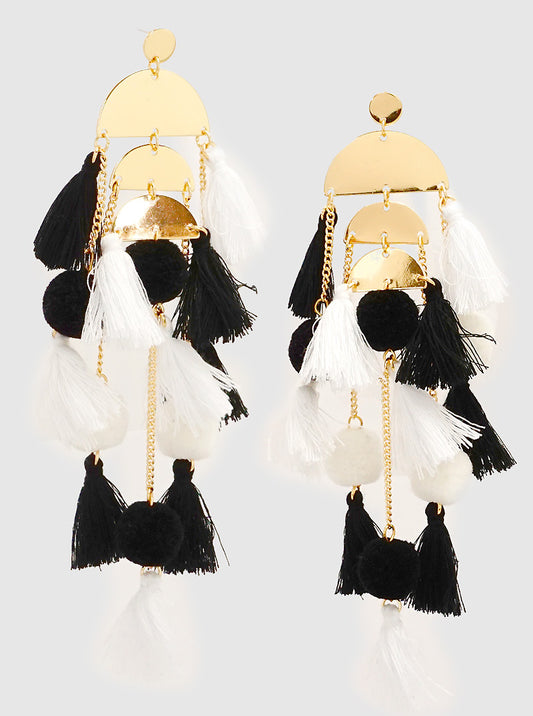 Oversized Thread Tassel Dangle Drop Earrings With Pom Pom
