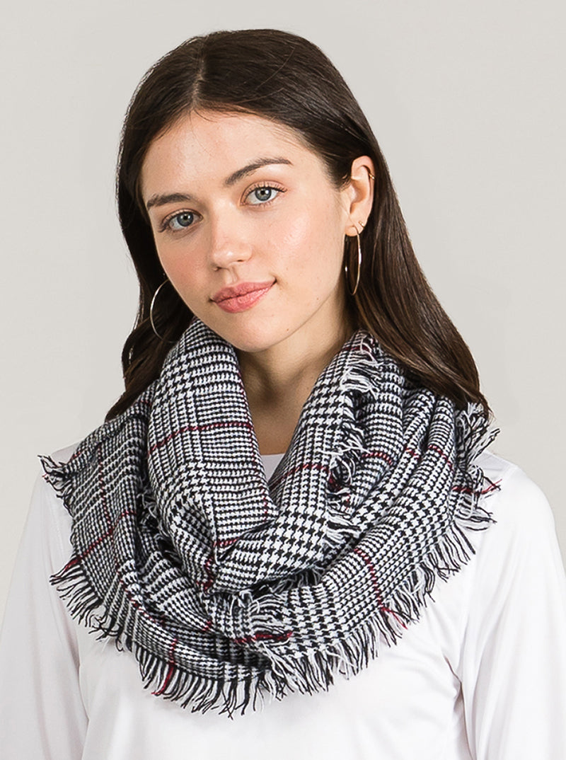 PLAID TARTAN DOUBLE LOOP INFINITY SCARF WITH FRINGE