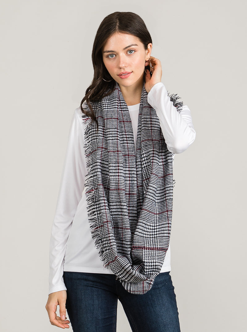 PLAID TARTAN DOUBLE LOOP INFINITY SCARF WITH FRINGE