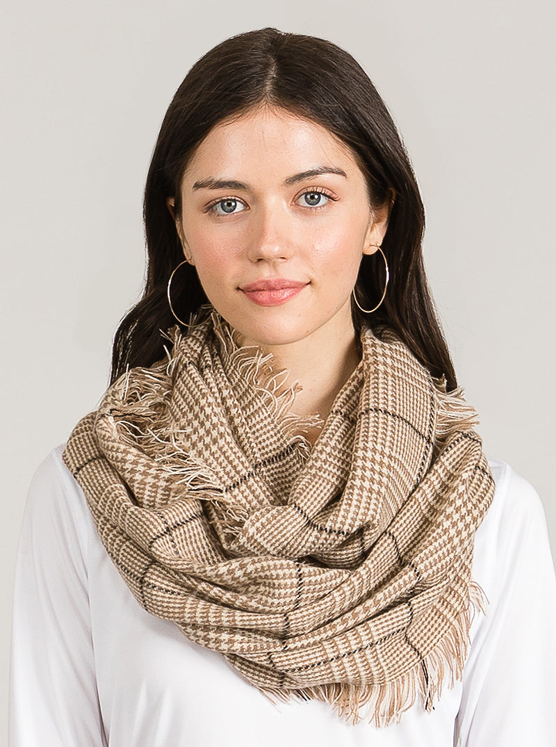 PLAID TARTAN DOUBLE LOOP INFINITY SCARF WITH FRINGE