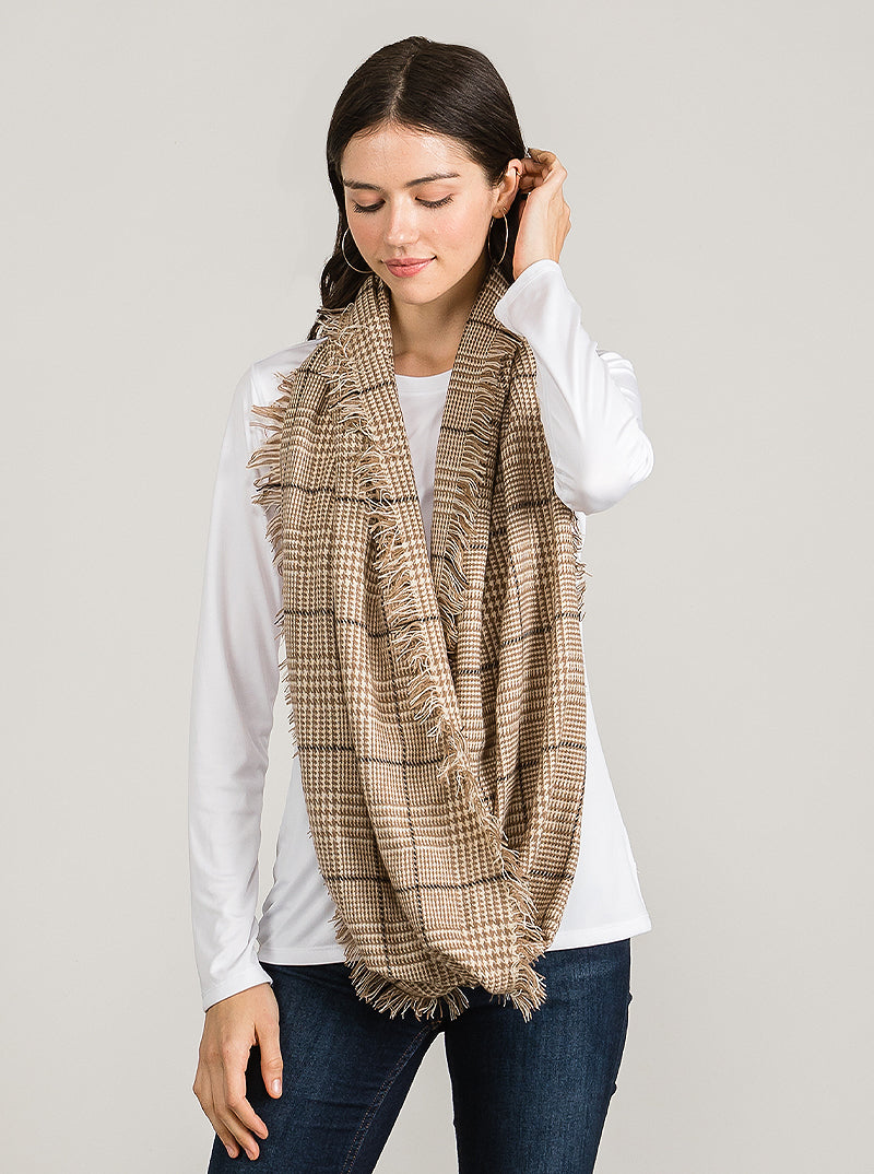 PLAID TARTAN DOUBLE LOOP INFINITY SCARF WITH FRINGE