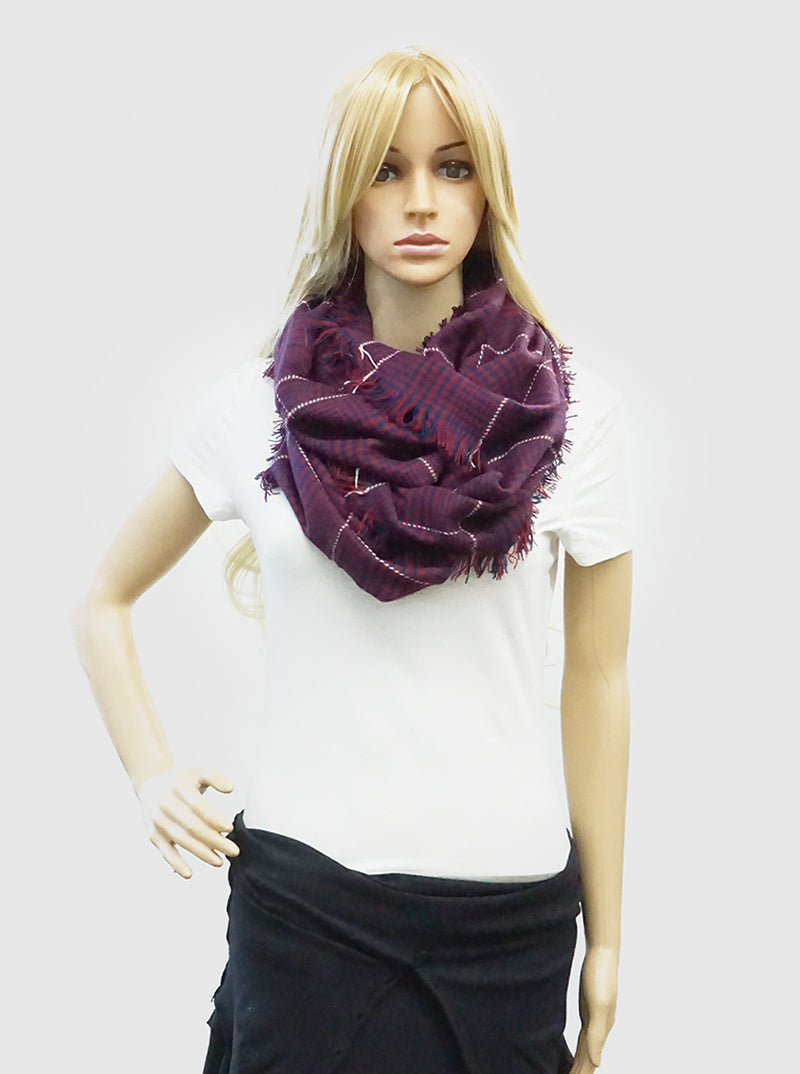 PLAID TARTAN DOUBLE LOOP INFINITY SCARF WITH FRINGE