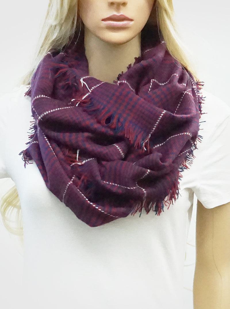 PLAID TARTAN DOUBLE LOOP INFINITY SCARF WITH FRINGE