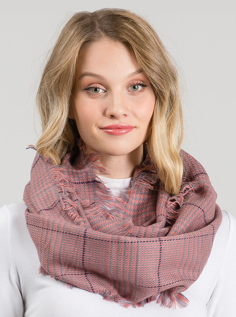 PLAID TARTAN DOUBLE LOOP INFINITY SCARF WITH FRINGE