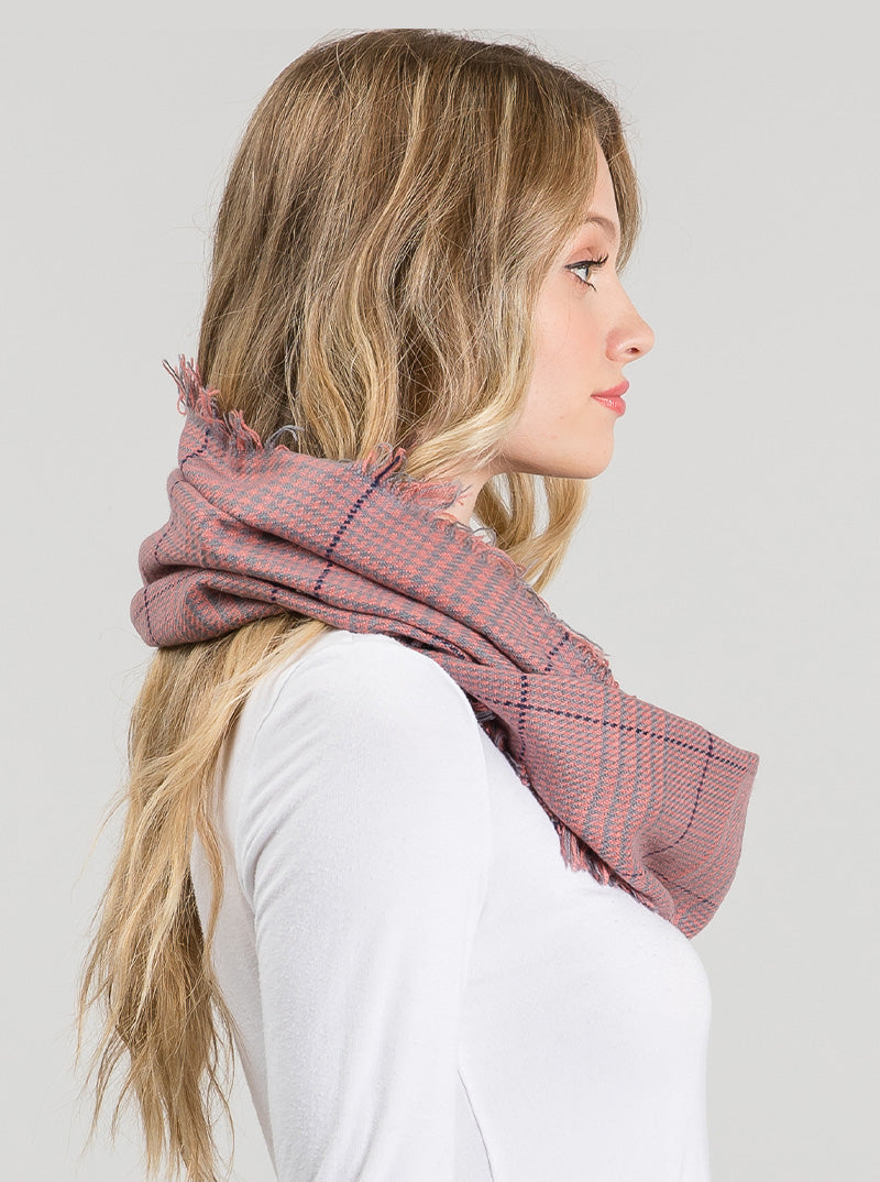 PLAID TARTAN DOUBLE LOOP INFINITY SCARF WITH FRINGE