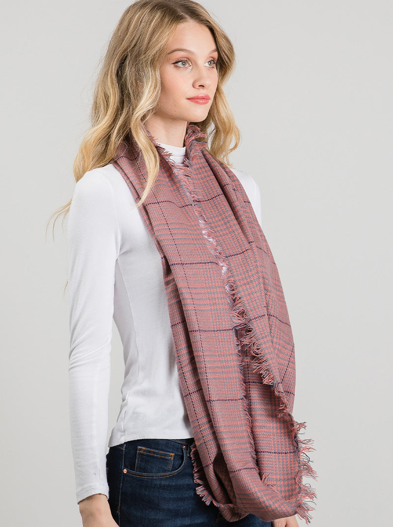 PLAID TARTAN DOUBLE LOOP INFINITY SCARF WITH FRINGE
