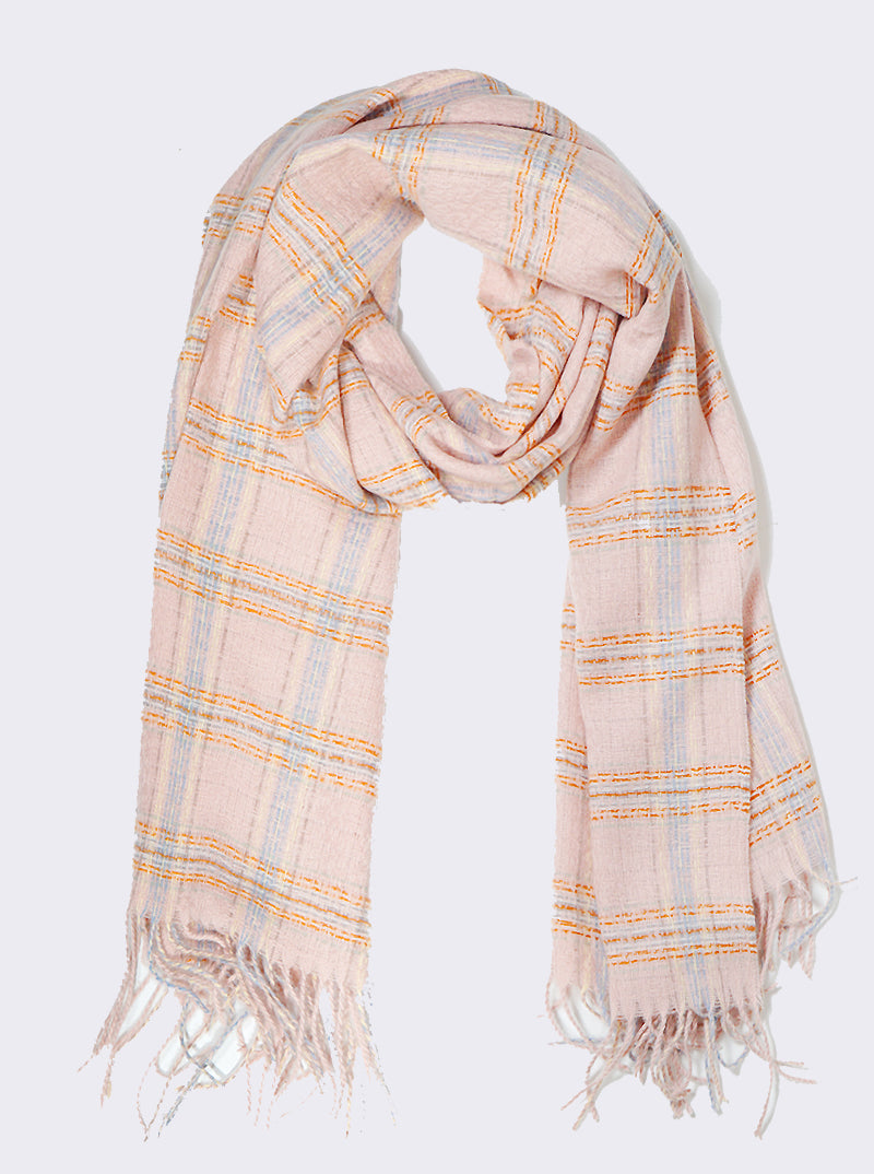 Pastel Tone Plaid Check Oblong Scarf With Fringe