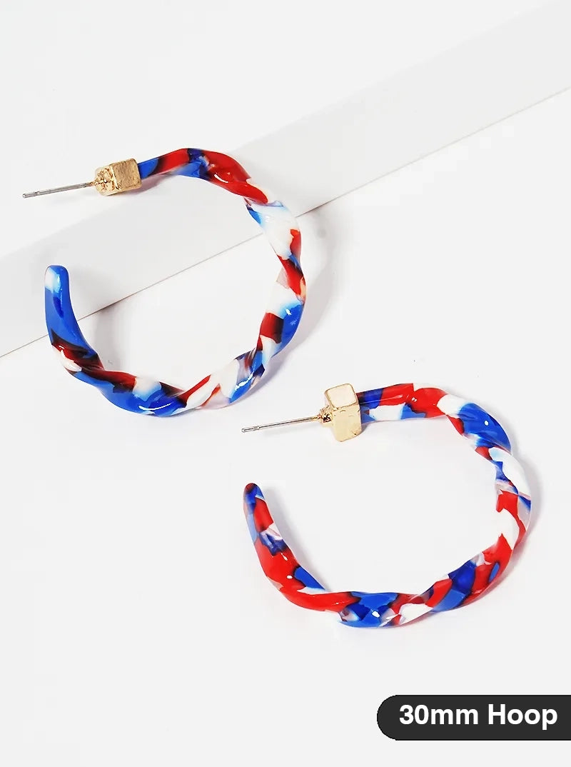 Patriotic-Theme 30mm Twisted Acetate Open Hoop Earrings