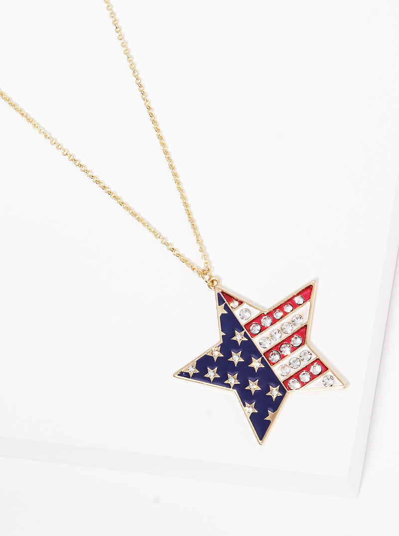 Patriotic-Theme Crystal-Pave US Flag Design Enamel Star Pendant 30-inch Long Necklace