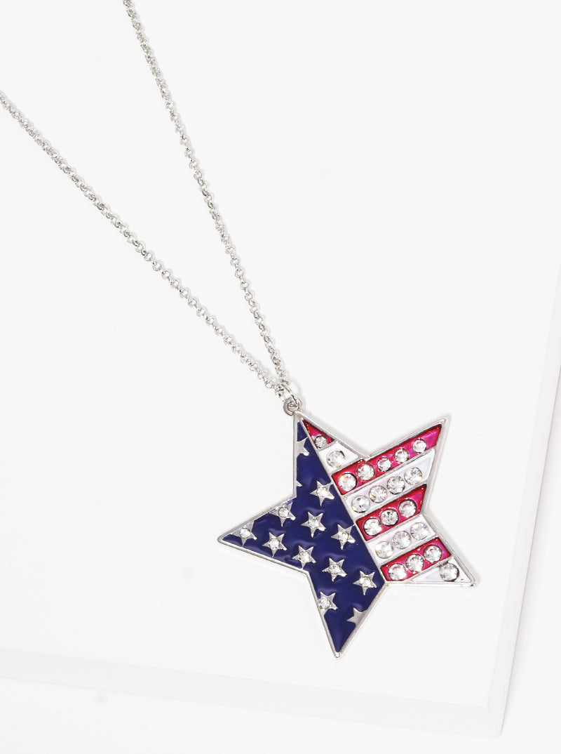 Patriotic-Theme Crystal-Pave US Flag Design Enamel Star Pendant 30-inch Long Necklace