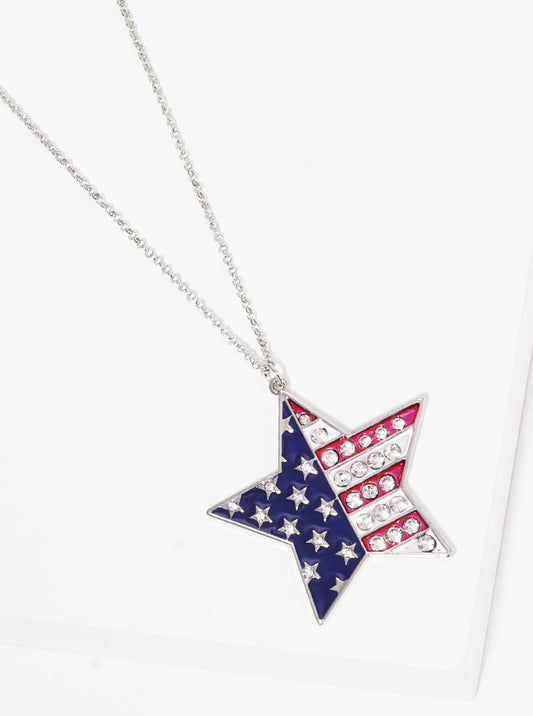 Patriotic-Theme Crystal-Pave US Flag Design Enamel Star Pendant 30-inch Long Necklace
