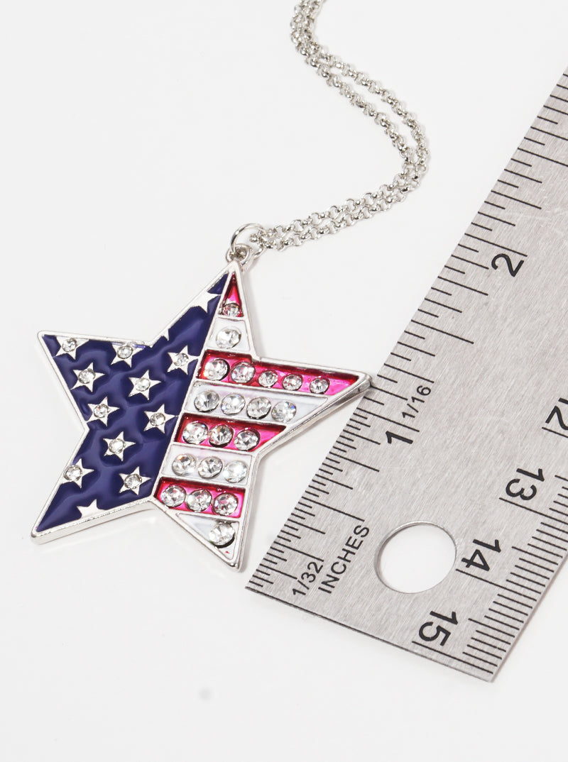 Patriotic-Theme Crystal-Pave US Flag Design Enamel Star Pendant 30-inch Long Necklace