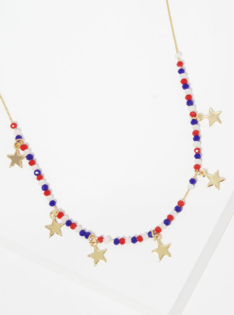 Patriotic-Theme Glass-Beaded Necklace With Star Charms