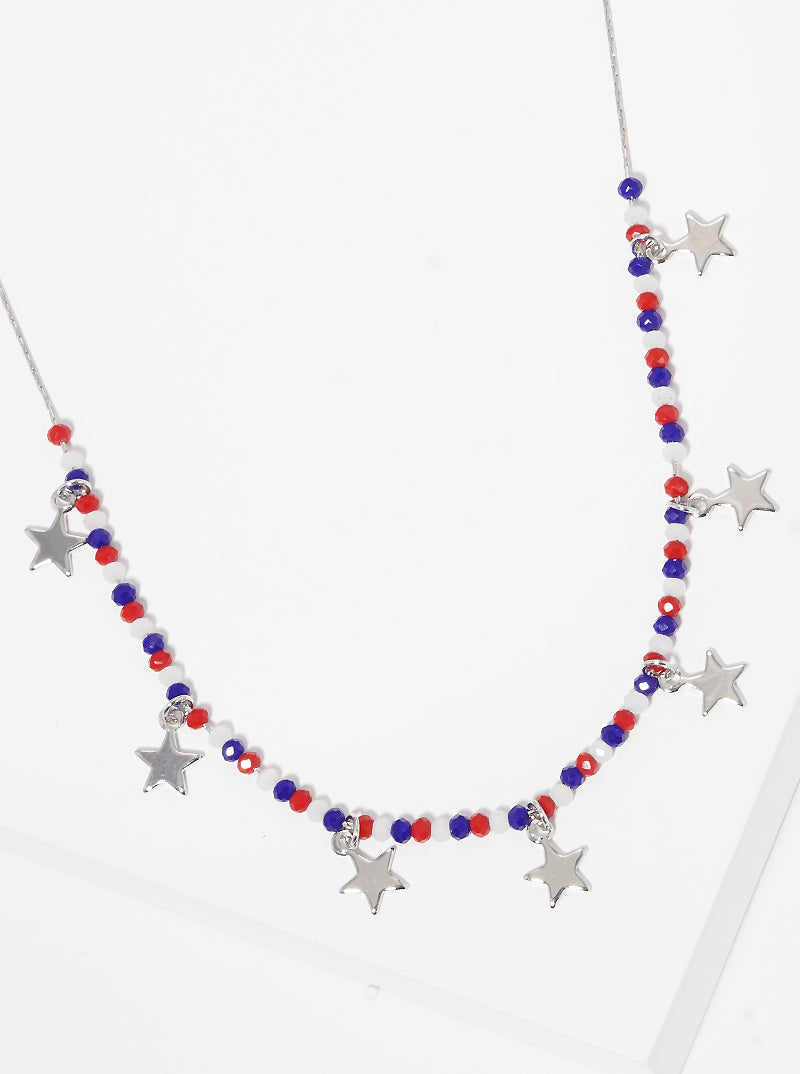 Patriotic-Theme Glass-Beaded Necklace With Star Charms