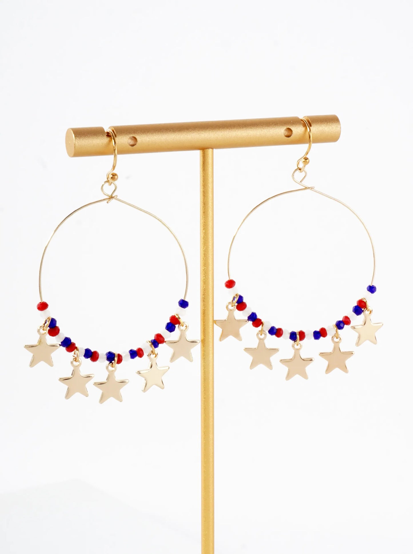 Patriotic-Theme Glass-Beaded Wire Circle Dangle Earrings With Star Charms
