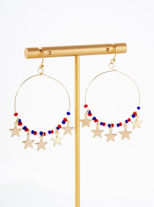 Patriotic-Theme Glass-Beaded Wire Circle Dangle Earrings With Star Charms