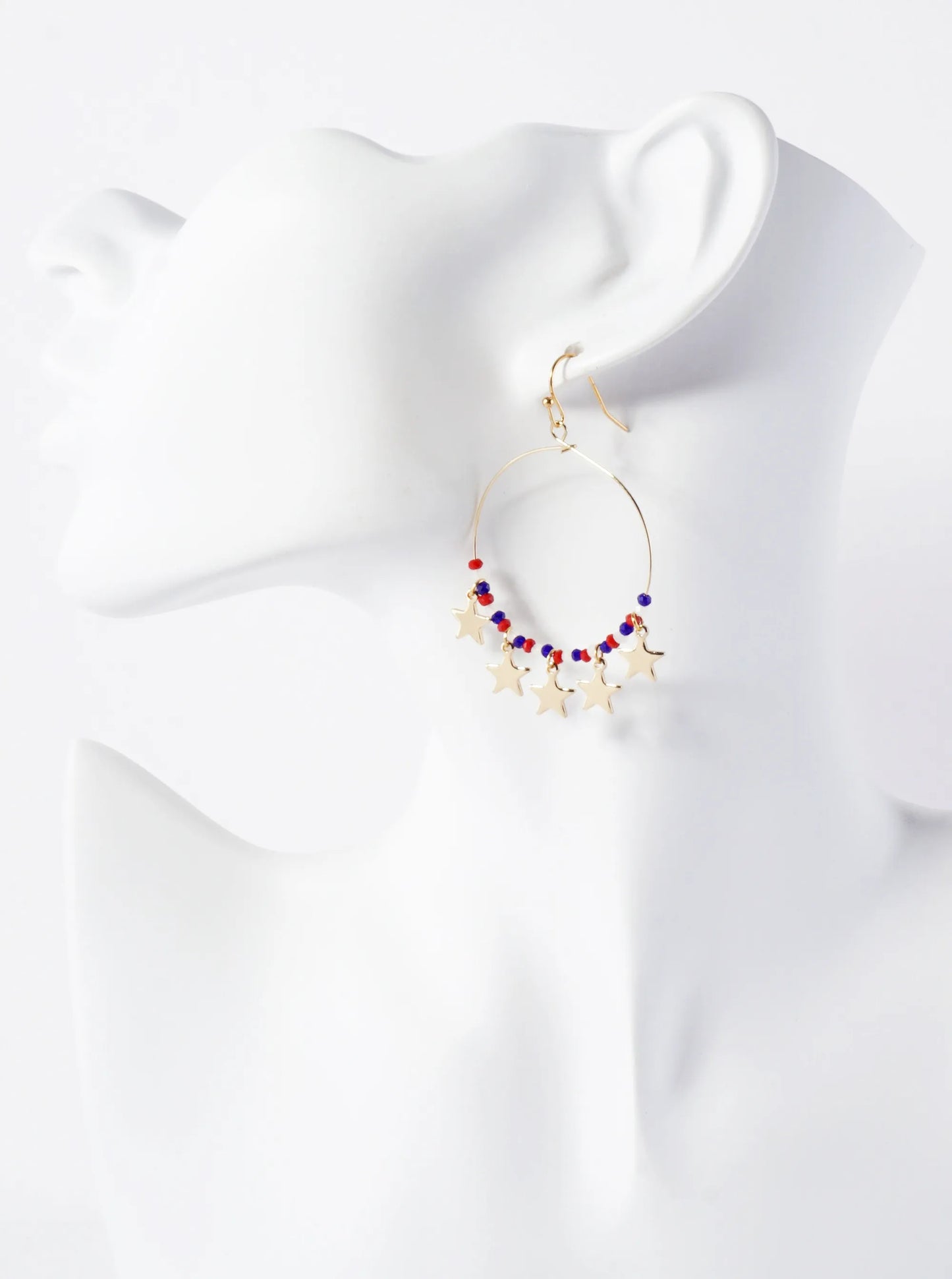 Patriotic-Theme Glass-Beaded Wire Circle Dangle Earrings With Star Charms