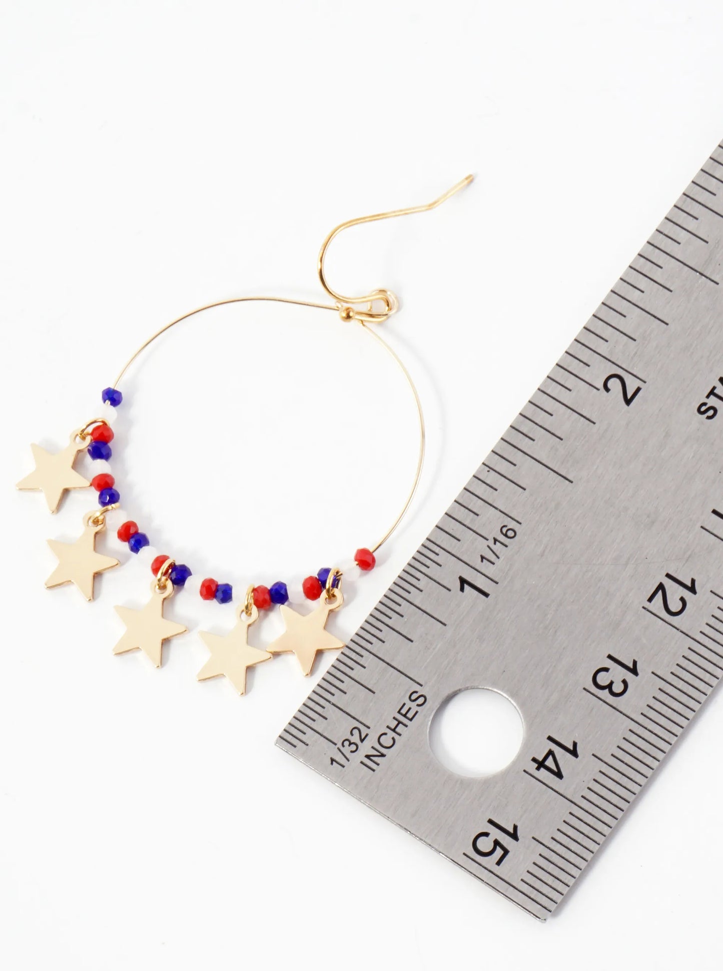 Patriotic-Theme Glass-Beaded Wire Circle Dangle Earrings With Star Charms