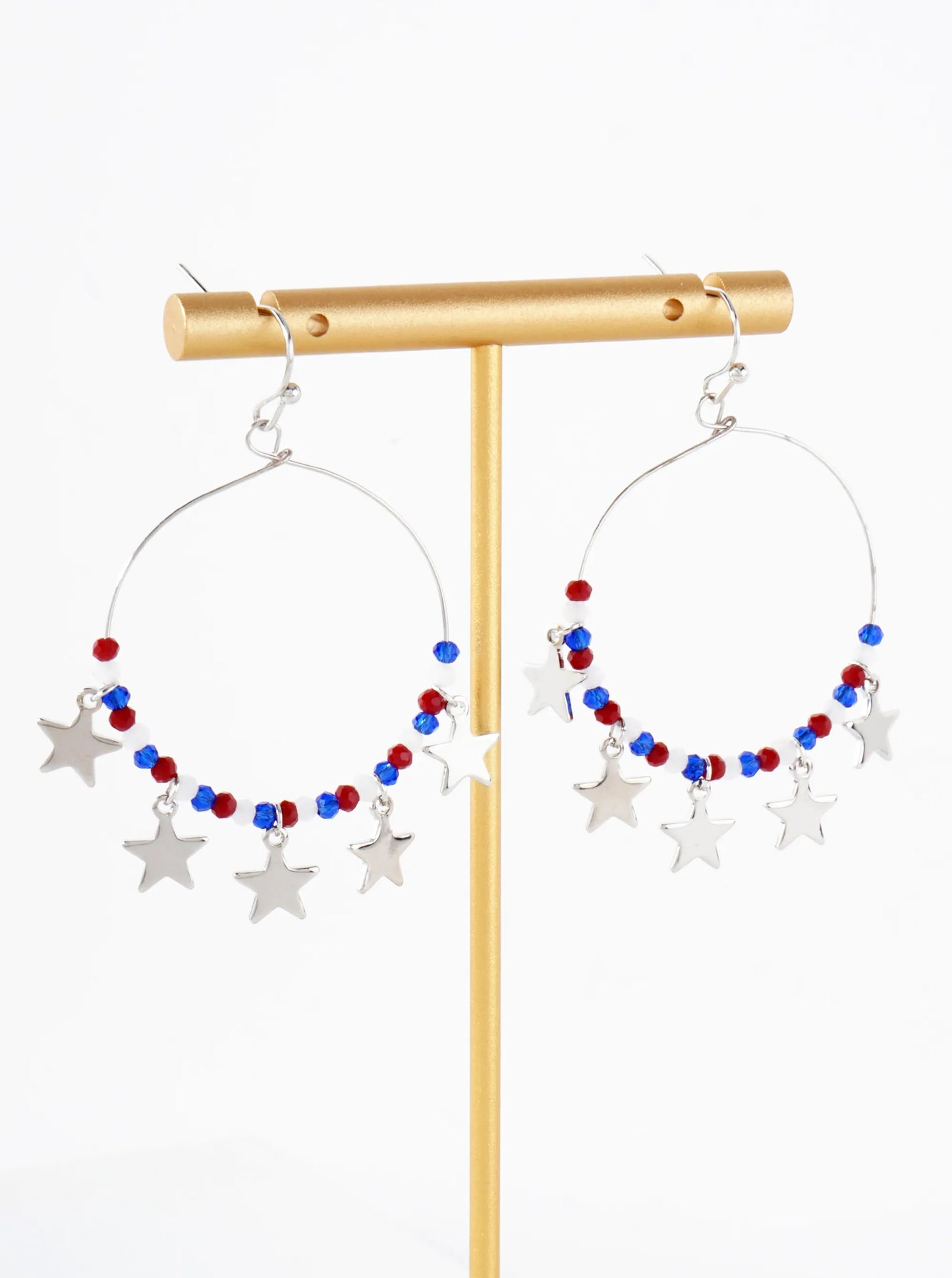 Patriotic-Theme Glass-Beaded Wire Circle Dangle Earrings With Star Charms