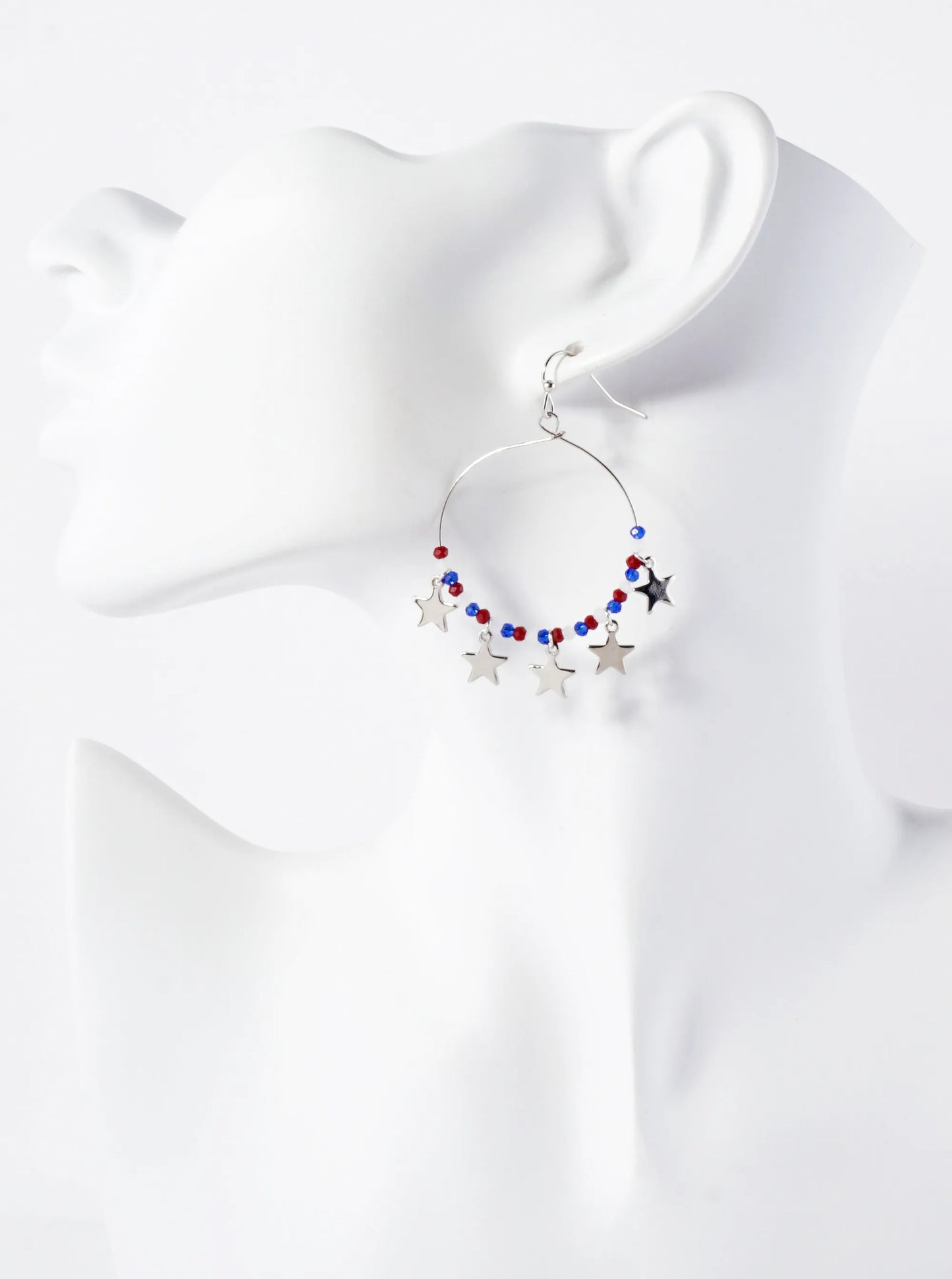 Patriotic-Theme Glass-Beaded Wire Circle Dangle Earrings With Star Charms
