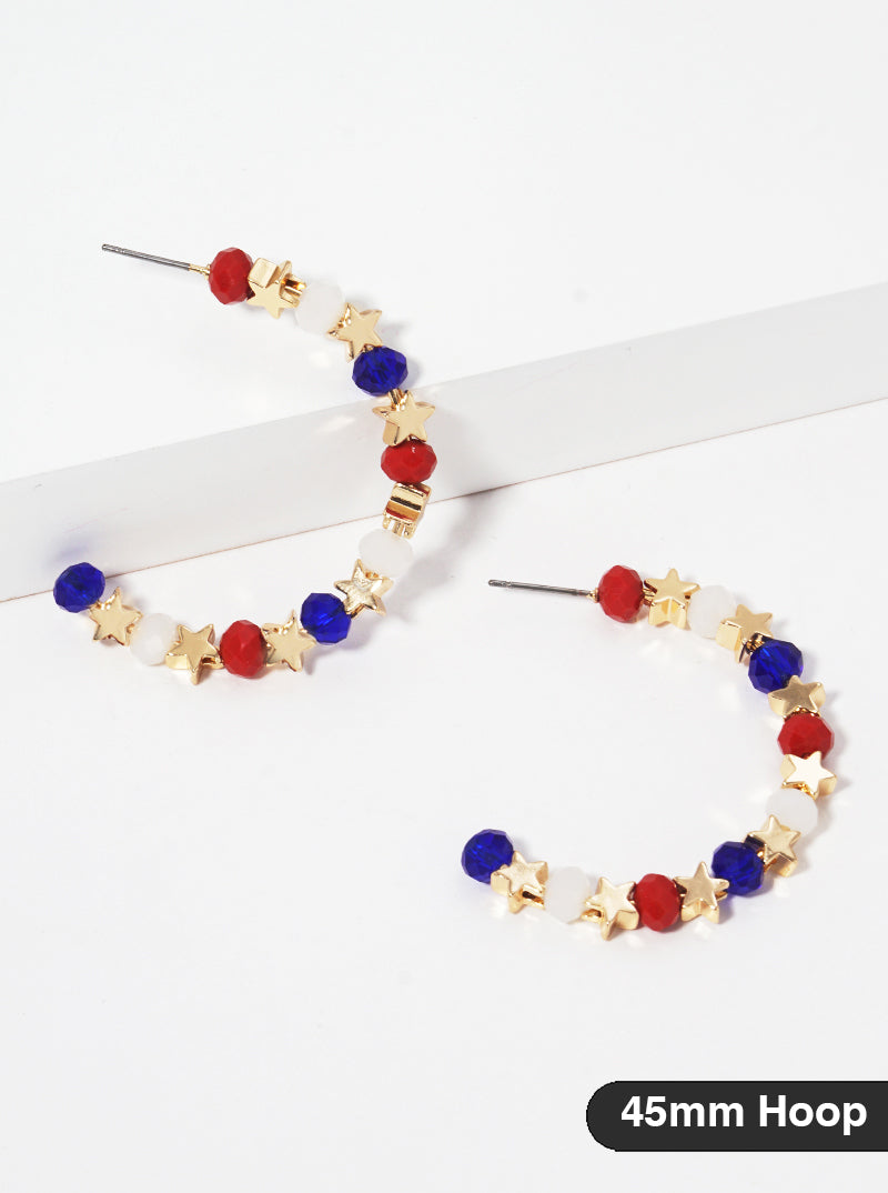 Patriotic-Theme Metallic Stars And Glass Beaded 45mm Open Hoop Earrings