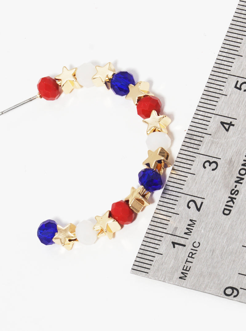 Patriotic-Theme Metallic Stars And Glass Beaded 45mm Open Hoop Earrings