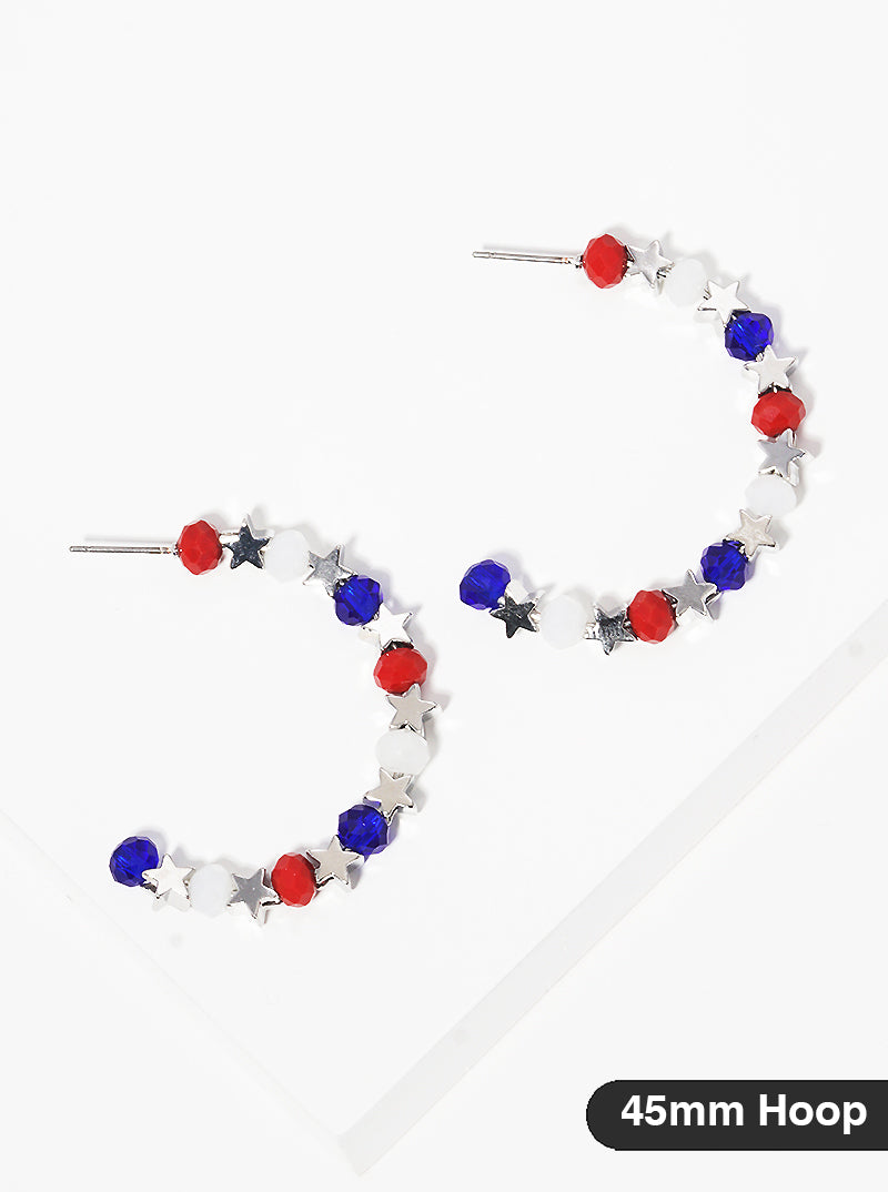 Patriotic-Theme Metallic Stars And Glass Beaded 45mm Open Hoop Earrings