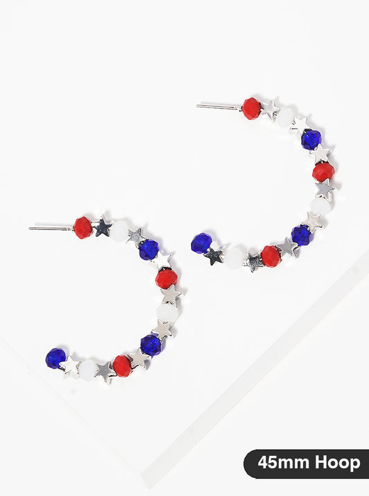 Patriotic-Theme Metallic Stars And Glass Beaded 45mm Open Hoop Earrings