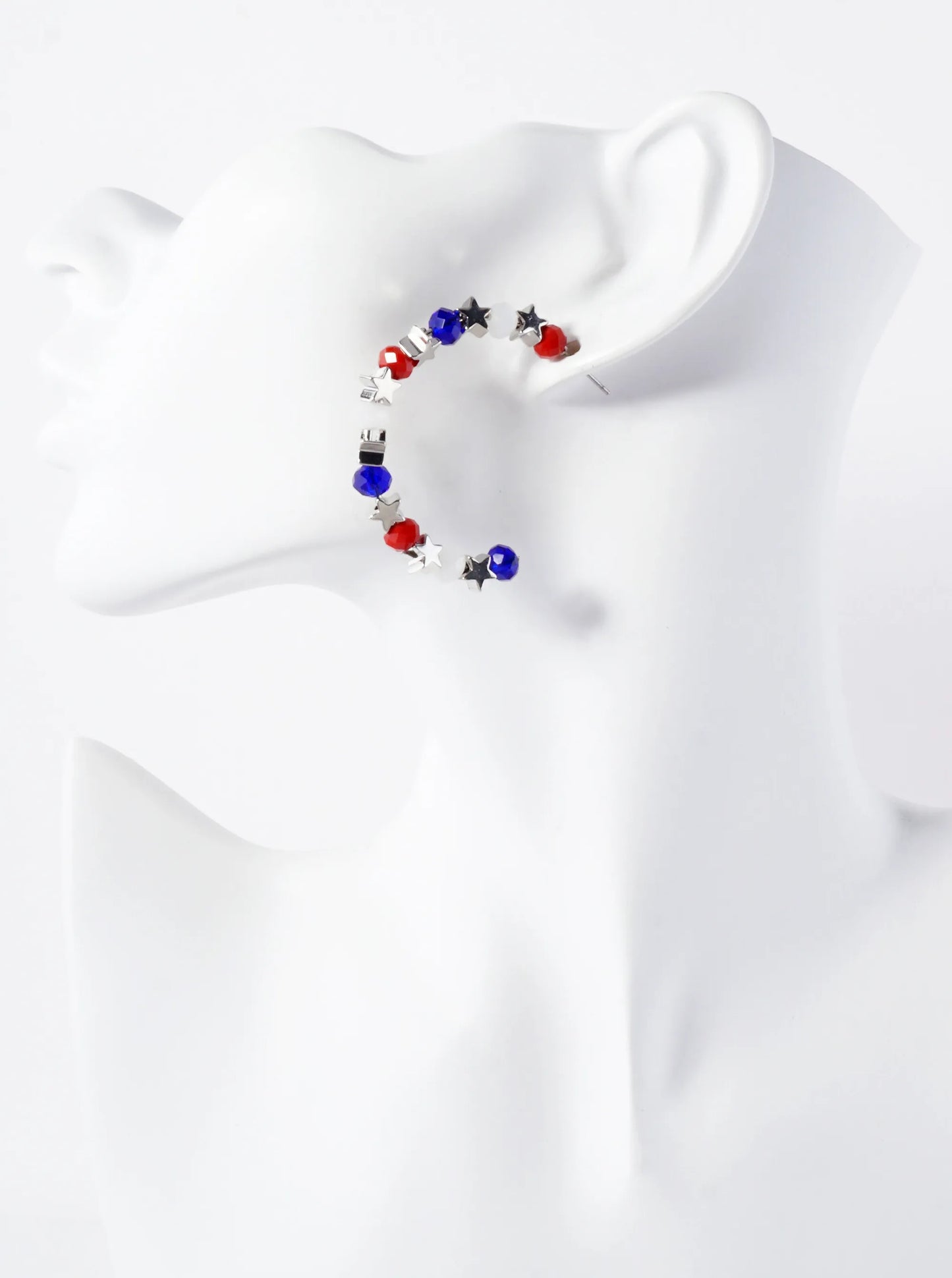 Patriotic-Theme Metallic Stars And Glass Beaded 45mm Open Hoop Earrings