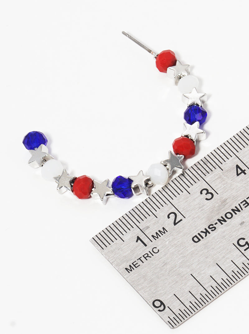 Patriotic-Theme Metallic Stars And Glass Beaded 45mm Open Hoop Earrings