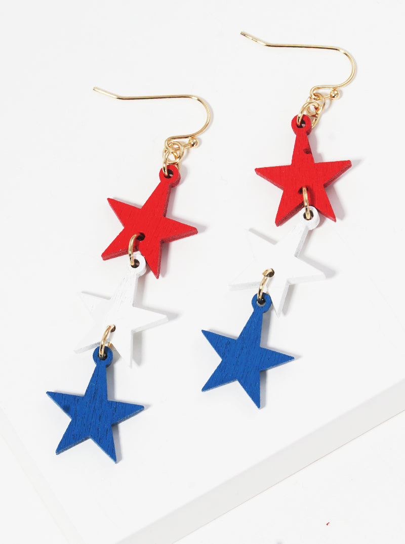 Patriotic-Theme Three Wooden Star Drop Dangle Earrings