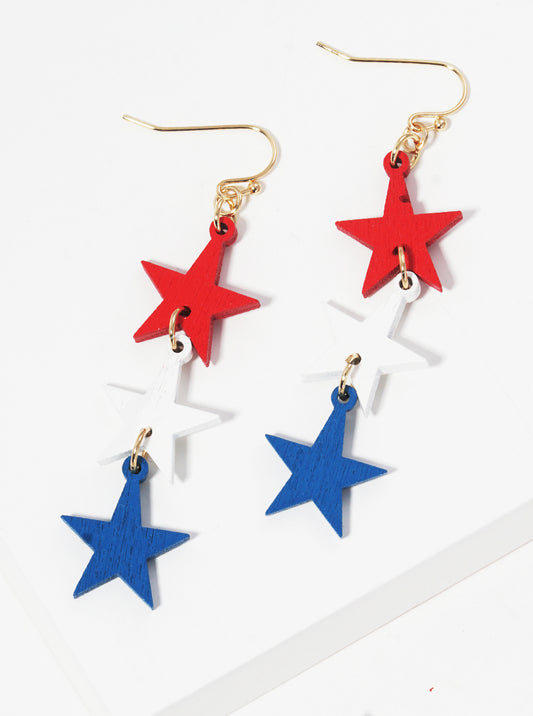 Patriotic-Theme Three Wooden Star Drop Dangle Earrings