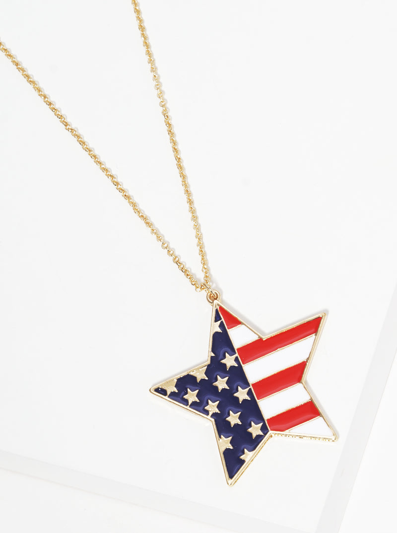 Patriotic-Theme US Flag Design Enamel Star Pendant 30-inch Long Necklace